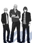  alternate_costume armband bad_id bad_pixiv_id bracelet casual crossed_arms frown gamagoori_ira glasses inumuta_houka jewelry kill_la_kill ma2 male_focus monochrome multiple_boys sanageyama_uzu smirk standing 