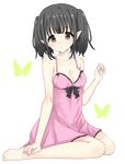  bare_legs barefoot black_hair blush breasts brown_eyes bug butterfly cleavage collarbone insect medium_breasts morina_nao nightgown original pointy_ears short_hair sitting solo two_side_up 