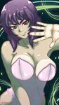  against_glass akairiot breast_press breasts breasts_on_glass ghost_in_the_shell ghost_in_the_shell_stand_alone_complex highres kusanagi_motoko large_breasts leotard phone_wallpaper purple_hair red_eyes short_hair smile solo 