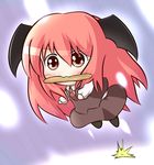  :3 bad_id bad_pixiv_id bat_wings blush bread chibi collared_shirt commentary_request dress_shirt food head_wings jumping koakuma long_hair mouth_hold necktie red_eyes red_hair shirt simple_background skirt skirt_set solo sparkle touhou uruc v-shaped_eyebrows very_long_hair vest white_shirt wings 