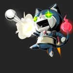  bad_pixiv_id black_background canamono cat glowing glowing_eyes green_eyes jetpack no_humans notched_ear open_mouth robonyan robot simple_background smoke solo youkai youkai_watch 