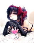  akemi_homura akuma_homura alternate_hair_length alternate_hairstyle bags_under_eyes bare_shoulders black_hair bow cup drinking_glass elbow_gloves elbow_rest gloves hair_bow hair_ribbon holding holding_cup looking_at_viewer magical_girl mahou_shoujo_madoka_magica mahou_shoujo_madoka_magica_movie pink_eyes purple_hair ribbon short_hair silverxp smile solo spoilers wine_glass 
