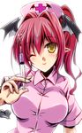  alternate_costume alternate_hairstyle breasts demon_girl demon_tail demon_wings hat head_wings koakuma large_breasts nurse nurse_cap one_eye_closed pointy_ears ponytail red_hair smile solo syringe tail touhou upper_body wings yamu_(reverse_noise) yellow_eyes 