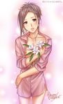  androgynous blush bottomless brown_hair flower hair_ornament hairclip idolmaster idolmaster_side-m lily_(flower) lips male_focus masobe_(masbe) naked_shirt nipples open_mouth ponytail shirt solo watanabe_minori 