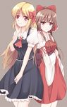  adapted_costume alternate_hair_length alternate_hairstyle bad_id bad_pixiv_id blonde_hair bow brown_hair frilled_skirt frills hair_bow hakurei_reimu hand_on_own_cheek highres long_hair multiple_girls older puffy_short_sleeves puffy_sleeves red_eyes rumia short_sleeves skirt smile touhou vest wendell 