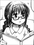  1girl akemi_homura book buttons glasses greyscale hairband holding holding_book long_hair looking_to_the_side mahou_shoujo_madoka_magica mahou_shoujo_madoka_magica_movie monochrome open_book pillow silverxp solo upper_body 