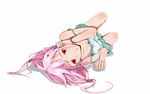  bare_shoulders blush bra breasts guilty_crown hair_ornament hairclip jzorg long_hair looking_at_viewer lying on_back open_mouth pink_hair red_eyes small_breasts solo strap_slip twintails underwear yuzuriha_inori 