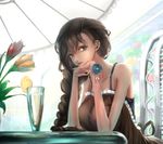  bad_id bad_pixiv_id bangs bare_shoulders bow braid brown_eyes brown_hair camisole chin_rest collarbone cup drinking_glass drinking_straw earrings flower food frills fruit hair_tie highres indoors interlocked_fingers jewelry kikivi lemon lemon_slice long_hair looking_at_viewer mole mole_under_eye original peony_(flower) pov_across_table solo spaghetti_strap table taut_clothes tulip wrist_flower 