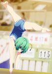  alternate_costume antennae ass bare_legs barefoot blue_leotard feet full_body green_eyes green_hair gymnast_leotard gymnastics highres leotard nigo_(aozoragarou) outstretched_leg plantar_flexion pun revision rhythmic_gymnastics soles solo toes touhou upside-down wriggle_nightbug 