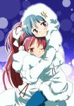  ;) blue_hair bow earmuffs fur_trim hair_bow hair_ornament hairclip hug long_hair mahou_shoujo_madoka_magica mesushirindaa miki_sayaka multiple_girls one_eye_closed ponytail red_eyes red_hair sakura_kyouko short_hair smile 