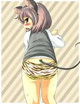  animal_ears animal_print ass blush commentary_request grey_hair highres long_sleeves mepikari mouse_ears mouse_tail nazrin no_pants open_mouth panties pink_eyes shirt solo striped striped_background tail tiger_print touhou underwear vest 