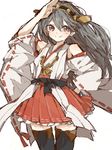  black_hair brown_eyes hairband haruna_(kantai_collection) japanese_clothes kantai_collection long_hair mam233 nontraditional_miko salute skirt smile thighhighs 