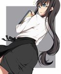  apron ass bangs black_hair black_skirt blue_eyes breast_press breasts earrings frame glasses holding jewelry large_breasts long_hair long_sleeves looking_back low-tied_long_hair original rimless_eyewear sblack shirt simple_background skirt solo standing very_long_hair white_shirt 