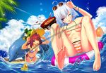  barefoot beach bikini blue_eyes d-mouse day dolphin eating feet hat multiple_girls outdoors red_eyes red_hair soles straw_hat swimsuit toes wardrobe_malfunction water white_hair 