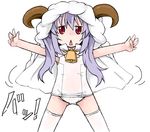  animal_costume animal_hood bell chestnut_mouth hood horns long_hair miyauchi_renge non_non_biyori one-piece_swimsuit outstretched_arms purple_hair red_eyes sasa1020 school_swimsuit sheep_costume spread_arms swimsuit thighhighs twintails white_school_swimsuit white_swimsuit 