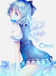  blue_eyes blue_hair bow character_name cirno dress hair_bow ice ling_(vivianling) open_mouth ribbon short_hair solo touhou wings 