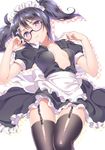  apron black_hair blush breasts frown garter_straps glasses lying maid maid_apron maid_headdress on_back open_clothes open_shirt pop'n_music purple_eyes root@chou_dou-ken shiny shiny_clothes shirt short_twintails shouni_(sato3) small_breasts solo thighhighs twintails 