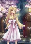  :d asakurashinji blonde_hair blush bow building cherry_blossoms detached_sleeves door hair_bow highres lantern long_hair long_sleeves looking_at_viewer night night_sky open_mouth original outdoors path plant ribbon-trimmed_sleeves ribbon_trim road sky smile solo standing tree water white_bow yellow_eyes 