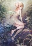  bare_legs bare_shoulders barefoot blonde_hair blue_eyes dress fairy flower hair_flower hair_ornament highres long_hair looking_at_viewer lying md5_mismatch on_side original pointy_ears senano-yu short_dress silk solo spider_web water wings 