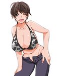  animal_print bad_id bad_pixiv_id bikini_top breasts brown_eyes brown_hair cow_print denim gigantic_breasts idolmaster idolmaster_cinderella_girls jeans looking_at_viewer minimaki oikawa_shizuku one_eye_closed pants short_hair smile solo 