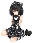  :/ black_hair blue_eyes blush doll_hug dress frills full_body gothic_lolita hairband kneehighs lolita_fashion looking_at_viewer mizushina_minato object_hug original platform_footwear shoes simple_background solo striped striped_legwear stuffed_animal stuffed_toy teddy_bear white_background 