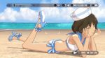  1boy akizuki_ryou animated animated_gif beach bikini brown_eyes brown_hair butt_crack chin_rest crossdressing eyes_closed hat high_heels idolmaster looking_at_viewer male male_focus ocean on_stomach short_hair smile solo swimsuit trap 