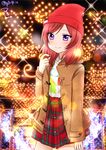  beanie coat cowboy_shot hat jacket light lights long_sleeves looking_at_viewer love_live! love_live!_school_idol_project night nishikino_maki open_clothes open_jacket outdoors plaid plaid_skirt purple_eyes red_hair red_skirt ric_(fwpbox) skirt smile solo sparkle standing twitter_username unbuttoned winter_clothes winter_coat 