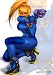  aiming ankle_boots arm_support blonde_hair blue_eyes boots breasts full_body gun handgun high_heel_boots high_heels large_breasts legs long_hair md5_mismatch metroid neon_trim one_knee pistol ponytail rocket_boots samus_aran scrunchie skin_tight solo super_smash_bros. thighs toni_hoang_nguyen weapon wristband zero_suit zoom_layer 