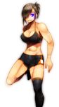  :d abs blue_eyes breasts brown_hair cleavage fang glowing glowing_eye hair_over_one_eye highres large_breasts midriff muscle muscular_female navel onibi_(foxhound4185) open_mouth original patchwork_girl_(onibi) ponytail short_shorts shorts single_thighhigh smile solo sports_bra standing standing_on_one_leg thighhighs white_background 
