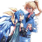  1girl blue_eyes blue_hair bow couple dancing dizzy guilty_gear guilty_gear_xrd hair_bow hetero holding_hands husband_and_wife kuro_goma_(kakkou11) ky_kiske long_hair ponytail red_eyes simple_background smile torso_grab white_background wings 