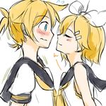 1girl blonde_hair blue_eyes blush brother_and_sister closed_eyes couple hair_ornament hairclip hazuki_natsu hetero imminent_kiss incest kagamine_len kagamine_rin short_hair siblings simple_background smile twincest twins vocaloid white_background 