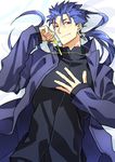  blue_hair cosplay cross cross_necklace earrings fate/stay_night fate_(series) jewelry kon_manatsu kotomine_kirei kotomine_kirei_(cosplay) lancer long_hair male_focus necklace ponytail red_eyes solo 
