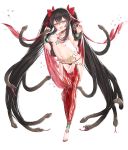  absurdly_long_hair absurdres ass_visible_through_thighs bangs bare_shoulders black_hair blush bow bracer breasts brown_eyes choker commentary_request cosplay eyebrows_visible_through_hair fang full_body girls_frontline groin hair_between_eyes hair_bow hair_censor hair_ribbon harem_pants headpiece highres ia_(ias1010) jade_(stone) jewelry leg_up long_hair looking_at_viewer medium_breasts navel necklace open_mouth pants qbz-97_(girls_frontline) red_bow red_ribbon ribbon ruby_(stone) shiny shiny_skin side_cutout simple_background skindentation slit_pupils small_breasts smile snake snake_hair solo sparkle stomach tail topless twintails very_long_hair white_background 