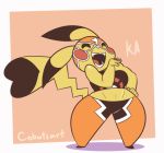 2018 animated anthro breasts chica_(cobat) clothing cobat cosplay_pikachu english_text eyes_closed female laugh mammal mask navel nintendo open_mouth pikachu pikachu_libre pok&eacute;mon pok&eacute;mon_(species) rodent short_stack signature simple_background smug solo text tongue video_games yellow_body yellow_skin 