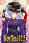  2015 blue_hair braid choker gloves happy_new_year hat heterochromia horns japanese_clothes kimono lavolpe_(yagisaka_seto) looking_at_viewer new_year original short_hair smile yagisaka_seto 