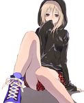  blonde_hair blush covering_mouth hood hoodie light_smile long_sleeves original plaid plaid_skirt red_skirt shoelaces shoes simple_background skirt sleeves_past_wrists sneakers solo tsukioka_tsukiho white_background zipper 