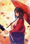  absurdres brown_eyes brown_hair haori highres holding_hand holding_hands japanese_clothes kara_no_kyoukai kimono official_art out_of_frame parasol ryougi_shiki short_hair solo_focus takeuchi_takashi umbrella 