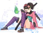  armor bad_id bad_pixiv_id black_hair brown_eyes comb flower hair_flower hair_ornament hitodama izuna_jinkuro japanese_armor japanese_clothes katana kimono kote looking_at_viewer momohime oboro_muramasa purple_legwear sandals short_kimono shoulder_armor sitting sode solo sword tamakaga thighhighs weapon 