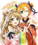  bare_shoulders blonde_hair blue_eyes detached_sleeves floral_print flower hair_bun hair_flower hair_ornament happy_new_year highres holding_hands hood japanese_clothes karamoneeze kimono kousaka_honoka light_brown_hair love_live! love_live!_school_idol_project minami_kotori multiple_girls new_year one_eye_closed one_side_up open_mouth revision smile winter_clothes yellow_eyes 