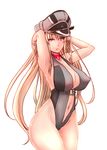  armpits arms_up bismarck_(kantai_collection) black_swimsuit blonde_hair blue_eyes breasts covered_nipples dearmybrothers hat highleg highleg_swimsuit kantai_collection large_breasts long_hair midriff navel sailor_hat solo swimsuit very_long_hair 