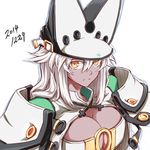  2014 belt beltbra breasts cape cleavage colored_eyelashes dark_skin guilty_gear guilty_gear_xrd hat kuro_goma_(kakkou11) large_breasts long_hair ramlethal_valentine simple_background solo upper_body white_background white_hair yellow_eyes 