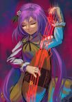  1girl berabou biwa_lute dress eyes_closed flower hair_flower hair_ornament instrument long_hair lute_(instrument) musical_note purple_hair smile solo touhou tsukumo_benben twintails 