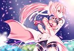  armor bike_shorts cherry_blossoms clenched_hands fighting_stance gauntlets long_hair mad_(hazukiken) magical_girl petals pink_eyes pink_hair ponytail shorts skirt solo wind wind_lift yuuki_yuuna yuuki_yuuna_wa_yuusha_de_aru yuusha_de_aru 