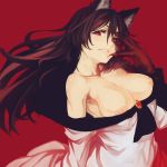  1girl animal_ear_fluff animal_ears areola_slip areolae armpit_hair armpits bangs bare_shoulders black_sclera breasts breasts_outside brooch brown_hair cleavage collarbone commentary_request dress fingernails floating_hair fur gem hair_between_eyes head_tilt highres imaizumi_kagerou jewelry large_breasts long_hair long_sleeves looking_to_the_side mismatched_sclera nail_polish nipples no_bra off-shoulder_dress off_shoulder parted_lips red_background red_eyes red_nails sharp_fingernails simple_background solidstatesurvivor solo touhou transformation undressing white_dress wolf_ears 