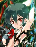  antenna_hair armpits arms_up asymmetrical_wings blush character_name green_hair houjuu_nue kamizuki_shiki red_eyes short_hair solo torn_clothes touhou upper_body wings 