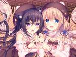  2girls :d animal_ear_fluff animal_ears bangs bare_shoulders black_hair blonde_hair blue_eyes blush breasts brown_skirt cat_ears cat_tail character_name chocolate_bar cleavage commentary_request eyebrows_visible_through_hair fang hair_between_eyes hair_ribbon hand_up hat heart heart_hands heart_hands_duo high-waist_skirt long_hair long_sleeves looking_at_viewer medium_breasts multiple_girls off_shoulder open_mouth original plaid plaid_scarf purple_eyes ribbon scarf shirt side-by-side sidelocks skirt smile sorai_shin&#039;ya tail traene_(sorai_shin&#039;ya) white_shirt 