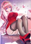  2015 bauble blue_eyes breasts dress garter_straps happy_new_year high_heels highres large_breasts legs long_hair megurine_luka new_year okingjo pink_hair short_dress sitting solo thighhighs vocaloid 