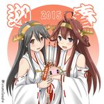  2girls :d ahoge arrow bare_shoulders blush brown_eyes brown_hair detached_sleeves grey_hair hair_ornament hairband hairclip haruna_(kantai_collection) headgear japanese_clothes kantai_collection kongou_(kantai_collection) long_hair looking_at_viewer multiple_girls nontraditional_miko open_mouth purple_eyes ribbon-trimmed_sleeves ribbon_trim smile spaghe twitter_username upper_body 