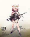  1girl ammunition_belt animal_hood baggy_clothes bangs black_gloves breast_strap breasts cat_hood closed_mouth dsmile eyebrows_visible_through_hair fingerless_gloves full_body girls_frontline gloves gun highres holding holding_gun holding_weapon hood hood_up hooded_jacket jacket large_breasts leotard logo long_hair machine_gun nail_polish official_art open_clothes open_jacket pink_hair pocket purple_footwear purple_legwear purple_nails red_eyes scope shiny shiny_skin shoes sidelocks skindentation smile sneakers socks solo strap taut_clothes taut_leotard thigh_strap thighs tripod turtleneck ukm-2000 ukm-2000_(girls_frontline) watermark weapon 