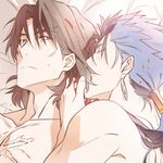  blue_hair brown_eyes brown_hair fate/stay_night fate_(series) kon_manatsu kotomine_kirei lancer male_focus multiple_boys ponytail scar smelling_hair yaoi 